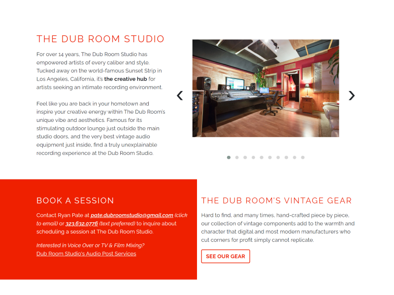 Screenshot of the About page at thedubroomstudios.com
